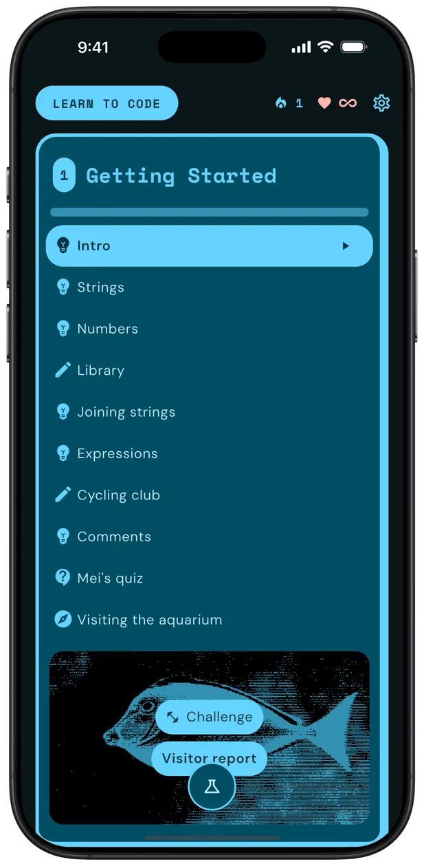 Encode app homepage showing lesson selection and progress tracking