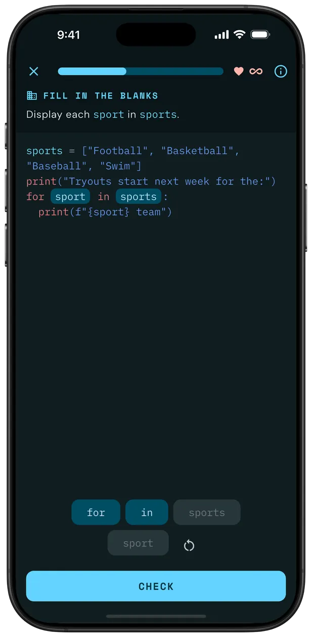 Encode app lesson interface with interactive coding exercise